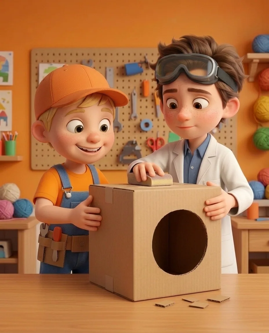 In the sunny bright cozy craft room with a warm orange background and a smooth wooden craft table, the plain cardboard box with a large round opening…