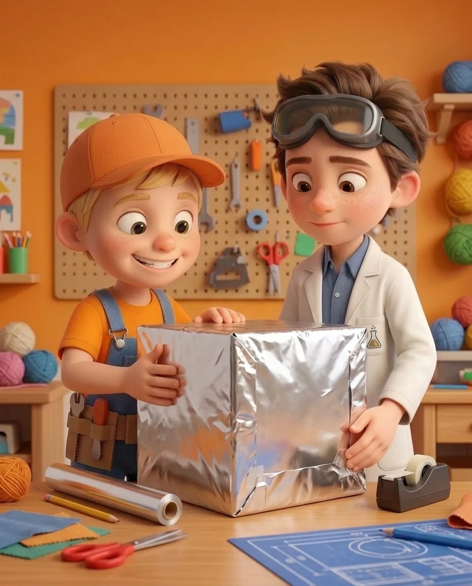 In the sunny bright cozy craft room with a warm orange background and a smooth wooden craft table, Professor O, a friendly 9-year-old boy scientist…