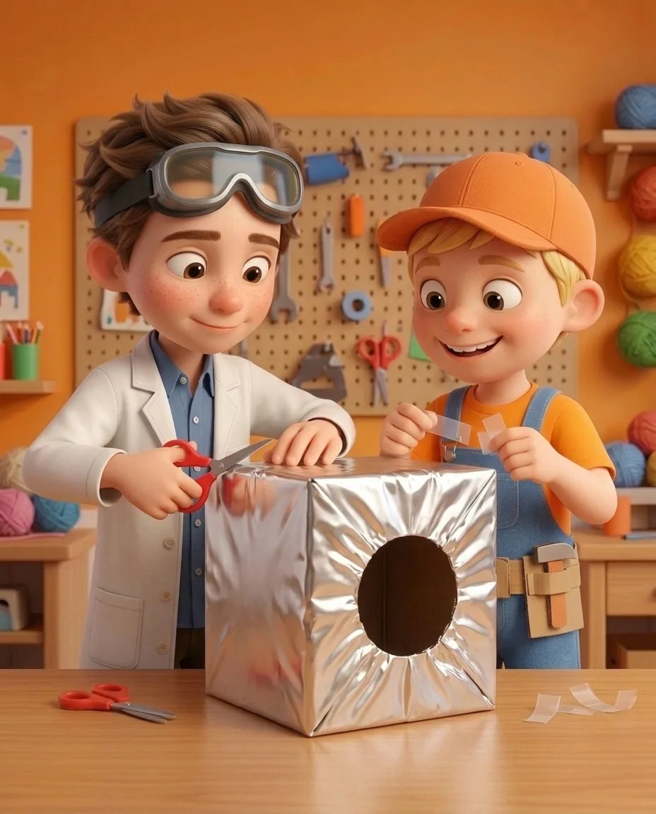 In the sunny bright cozy craft room with a warm orange background and a smooth wooden craft table, the cardboard box wrapped in shiny silver foil…