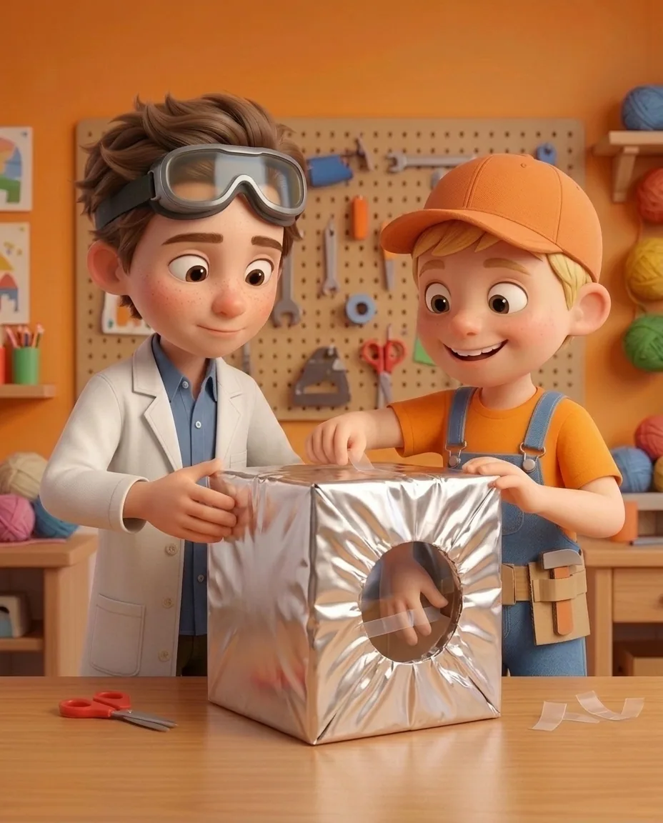 In the sunny bright cozy craft room with a warm orange background and a smooth wooden craft table, the shiny silver box with its cut-out round face…