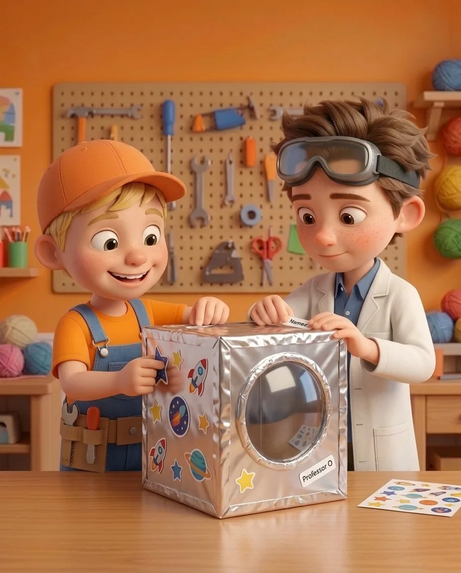 In the sunny bright cozy craft room with a warm orange background and a smooth wooden craft table, the completed shiny silver box helmet with its…