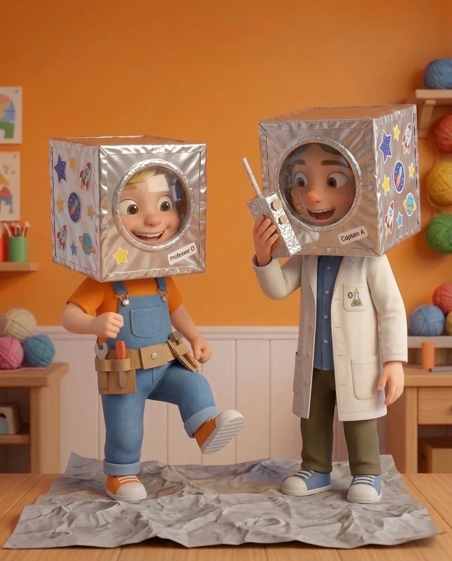 Portrait 4:5 framing showing two kids cheerfully playing space explorers together.