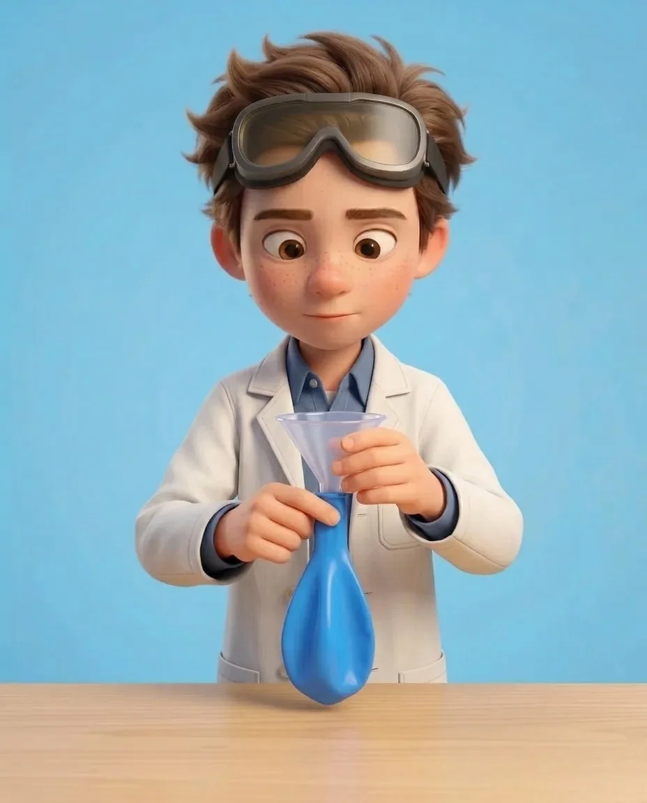 Professor O holds the deflated bright blue balloon and pushes the narrow stem of a small plastic funnel into the flexible neck of the balloon.