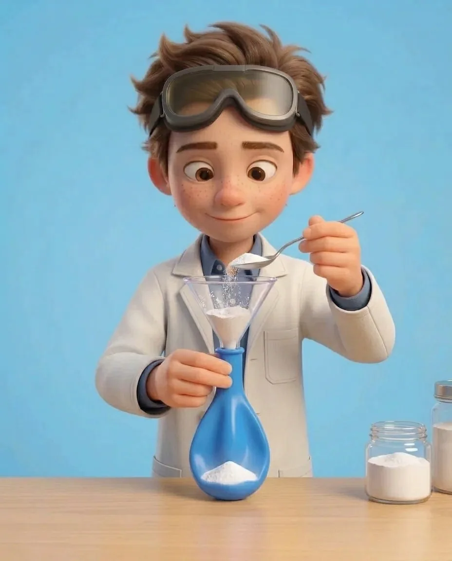 Professor O uses a small spoon to pour two teaspoons of fine white baking soda into the top of the funnel, letting the powder slide down into the…