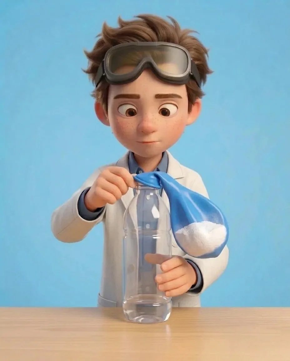 Professor O gently stretches the neck opening of the bright blue balloon over the open rim of the upright clear plastic bottle containing the…