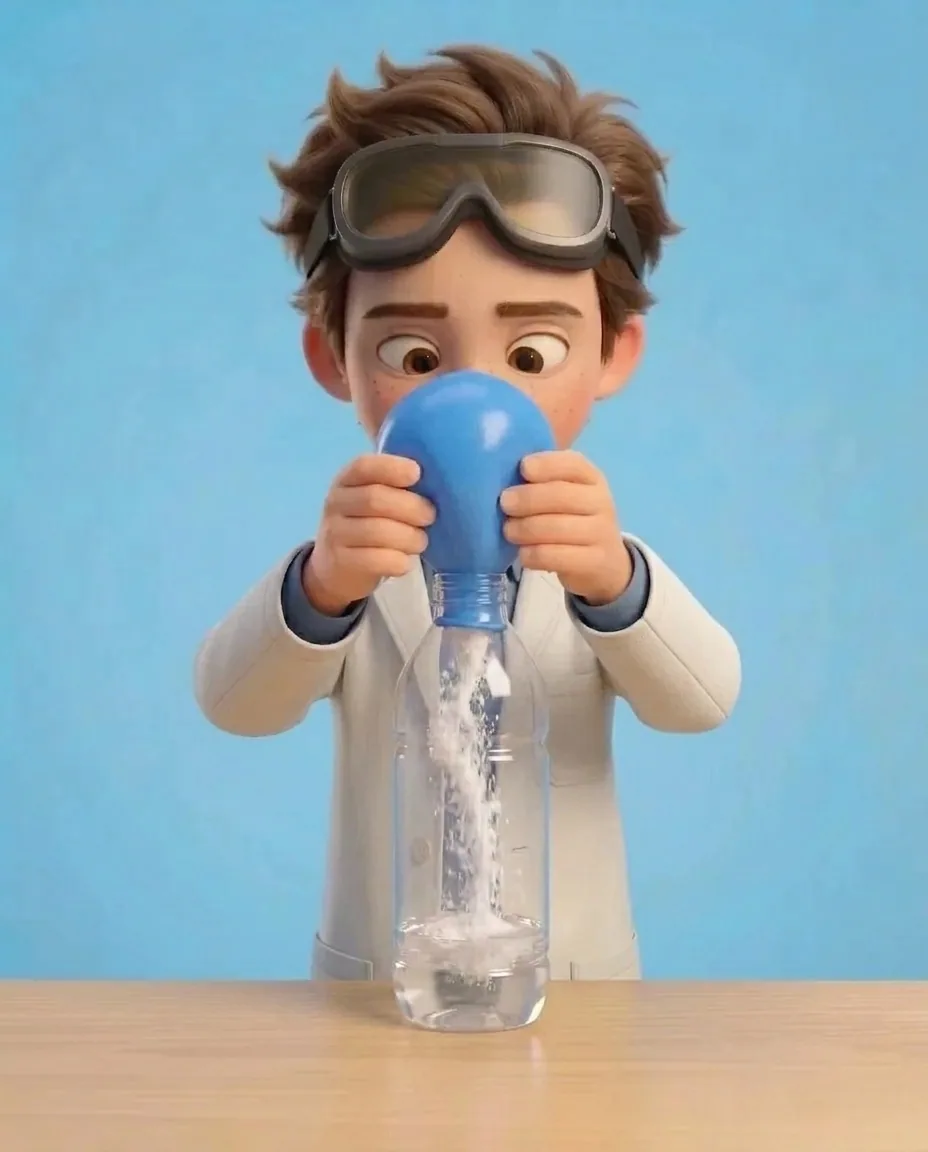 Professor O lifts the bright blue balloon upright, holding it straight above the bottle opening.