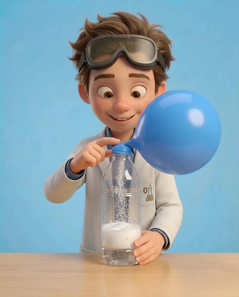 Professor O gently flicks the base of the inflated bright blue balloon to shake any remaining white baking soda down into the vigorously fizzing foam…