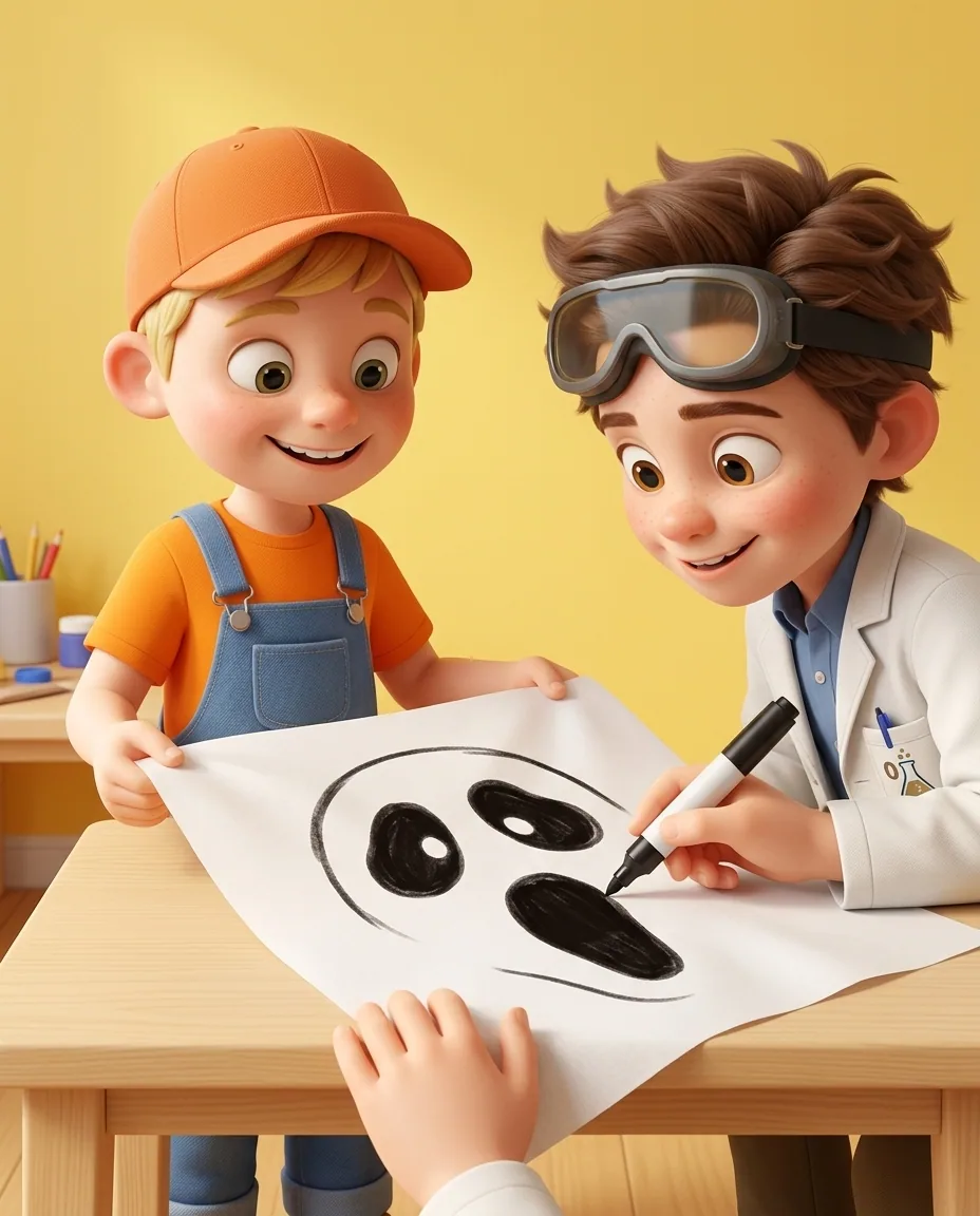Professor O uses a black marker to draw a large spooky face with two big dark eyes and a wide open mouth onto a sheet of white tissue paper.