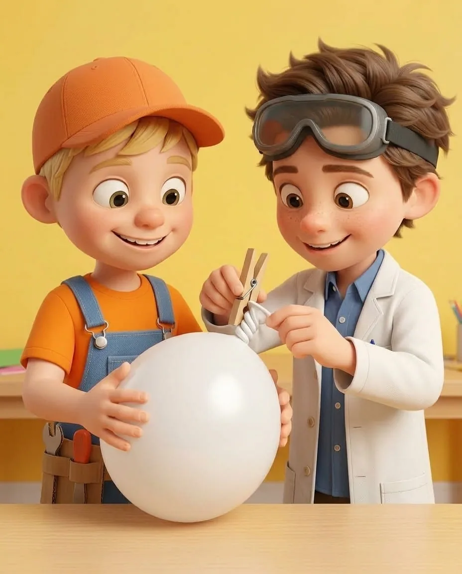 Captain A holds a fully inflated white balloon with its neck twisted tight.