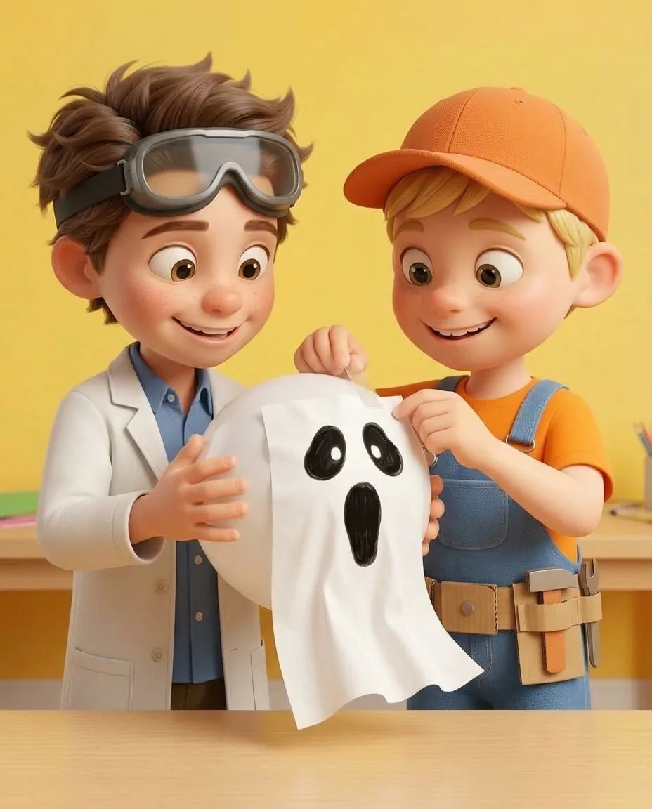Professor O holds the inflated white balloon upright while Captain A tapes the decorated white tissue paper onto the front of the balloon.