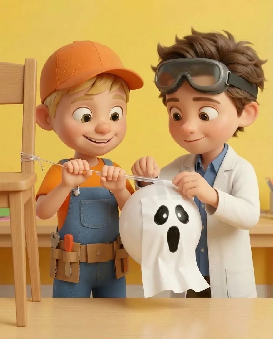 Professor O gently slides the straw and attached ghost balloon all the way back to the starting point near the first chair.