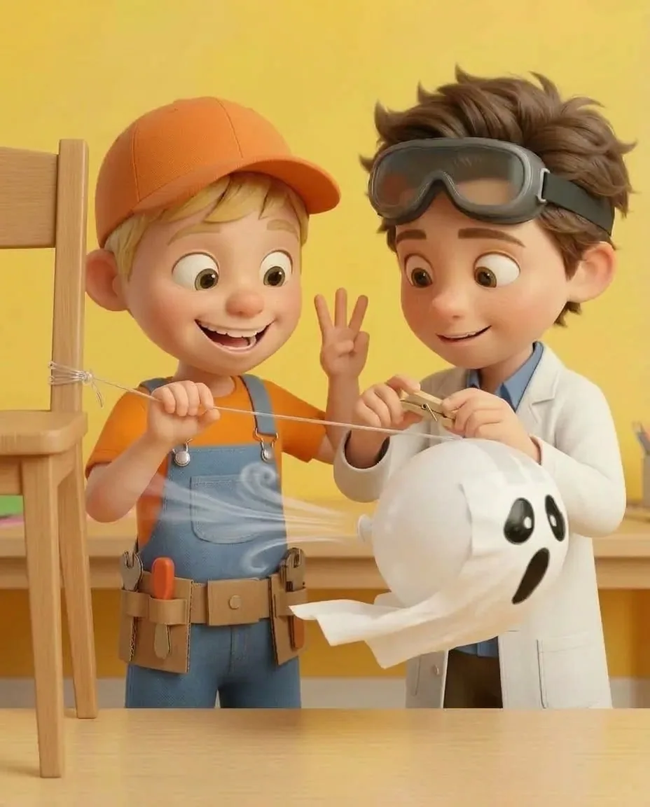Captain A counts down with raised fingers while Professor O removes the wooden clothes peg from the balloon neck.