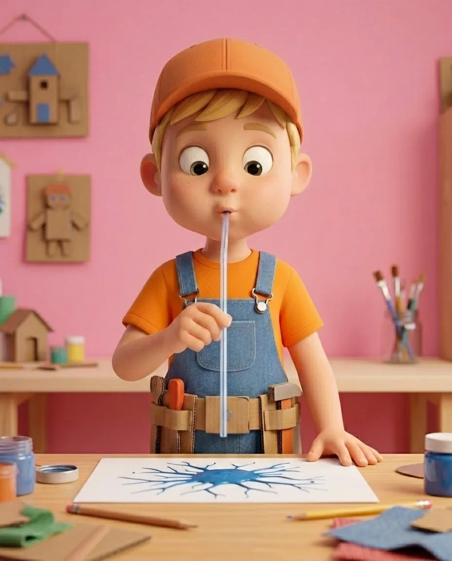 Captain A, a cheerful energetic 6-year-old boy maker with a big grin, short blonde hair under an orange builder's cap, a bright orange t-shirt under…