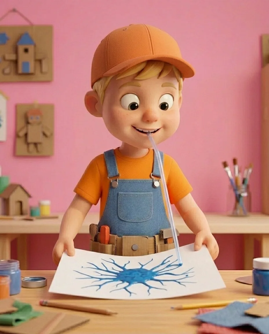Captain A, a cheerful energetic 6-year-old boy maker with a big grin, short blonde hair under an orange builder's cap, a bright orange t-shirt under…