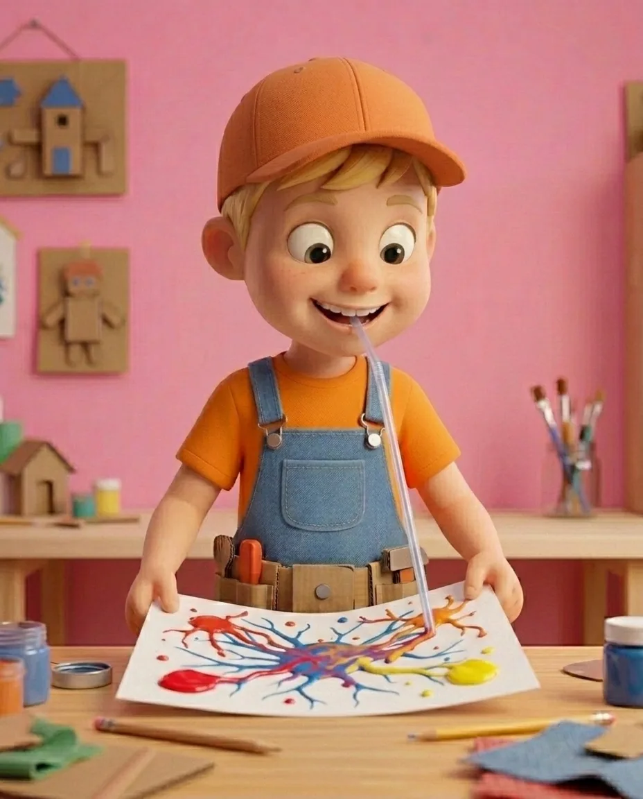 Captain A, a cheerful energetic 6-year-old boy maker with a big grin, short blonde hair under an orange builder's cap, a bright orange t-shirt under…