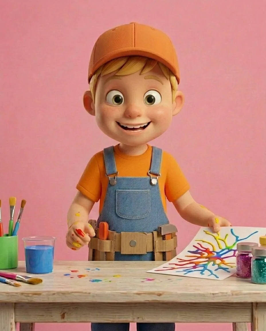 Captain A, a cheerful energetic 6-year-old boy maker with a big grin, short blonde hair under an orange builder's cap, a bright orange t-shirt under…