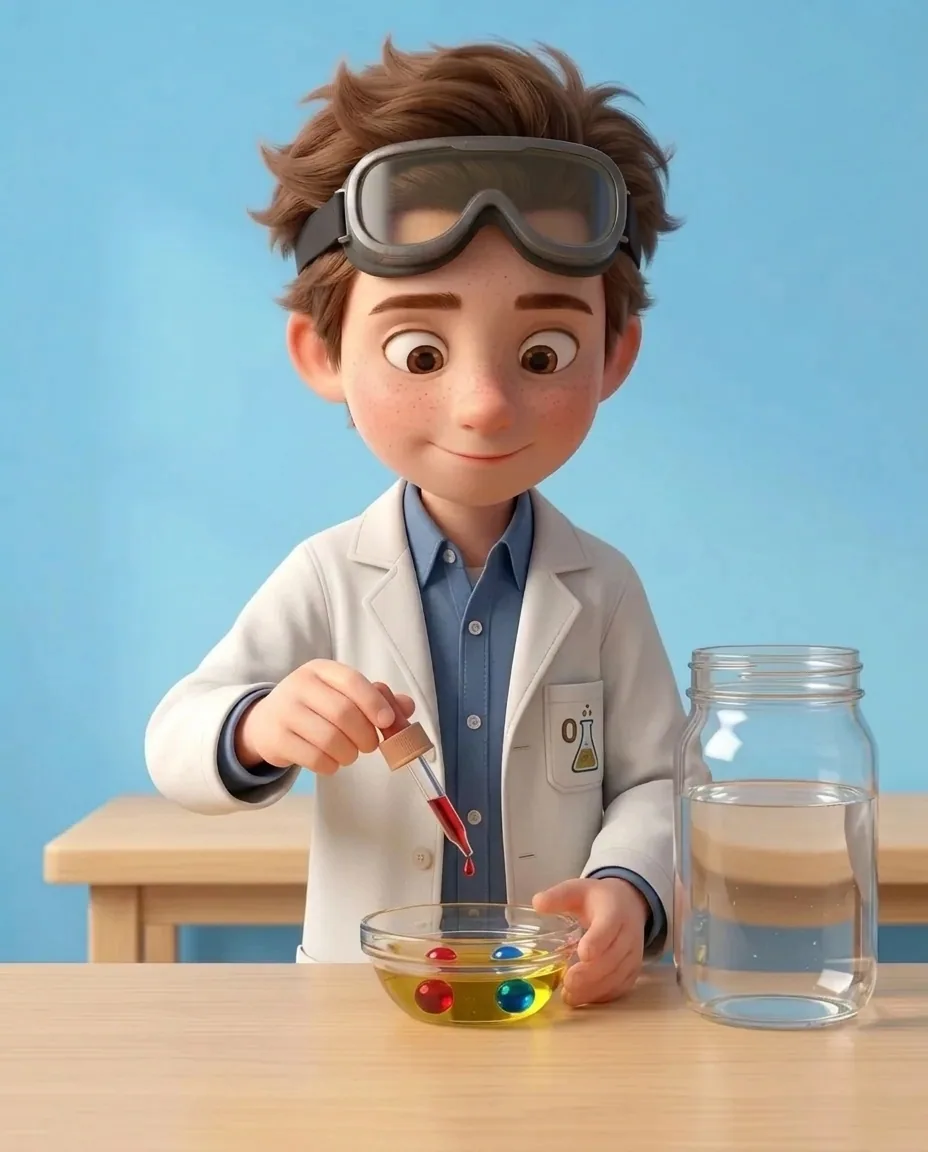 Professor O holds a small dropper bottle above the bowl of oil, adding two drops of red food colouring and two drops of blue food colouring into the…