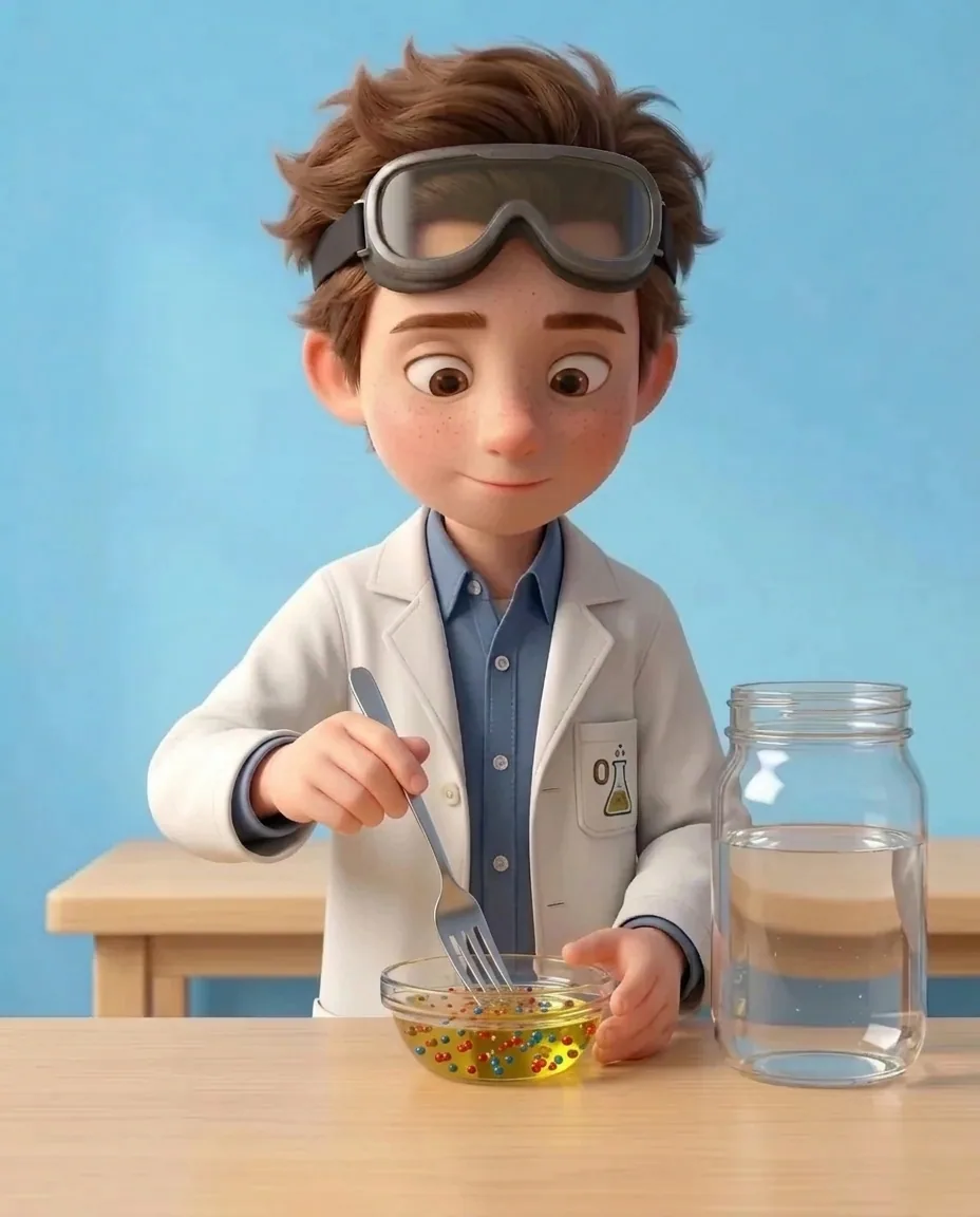 Professor O uses a metal fork to gently stir the vegetable oil inside the small bowl.