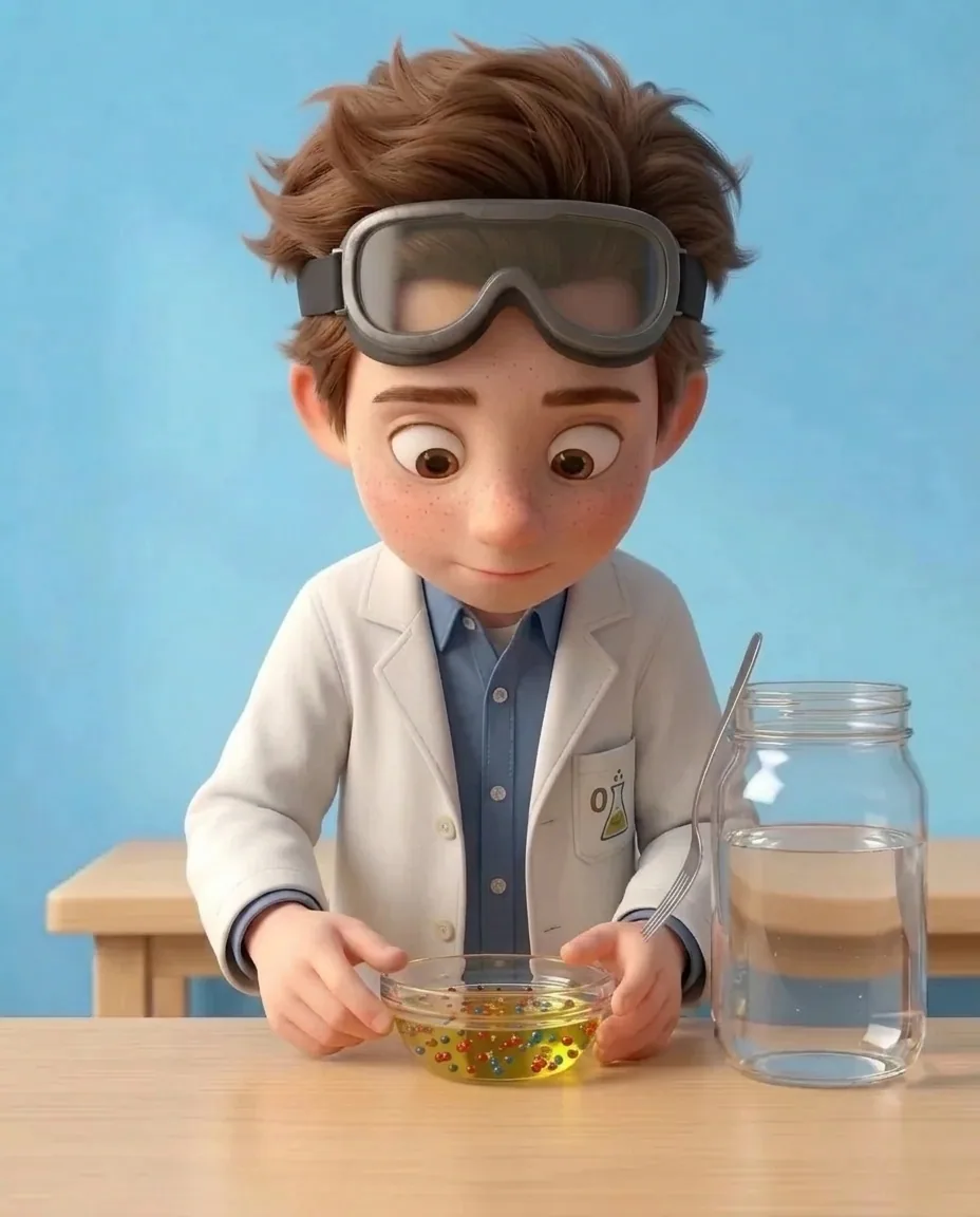 Professor O looks closely into the small bowl at the stirred mixture.