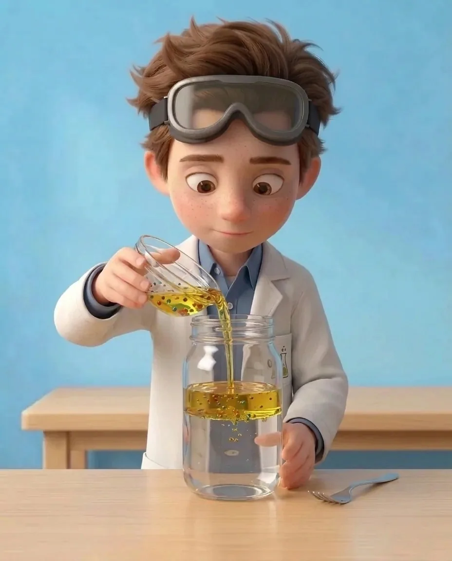 Professor O carefully tilts the small bowl to pour the oil and colour mixture onto the surface of the water in the clear glass jar.