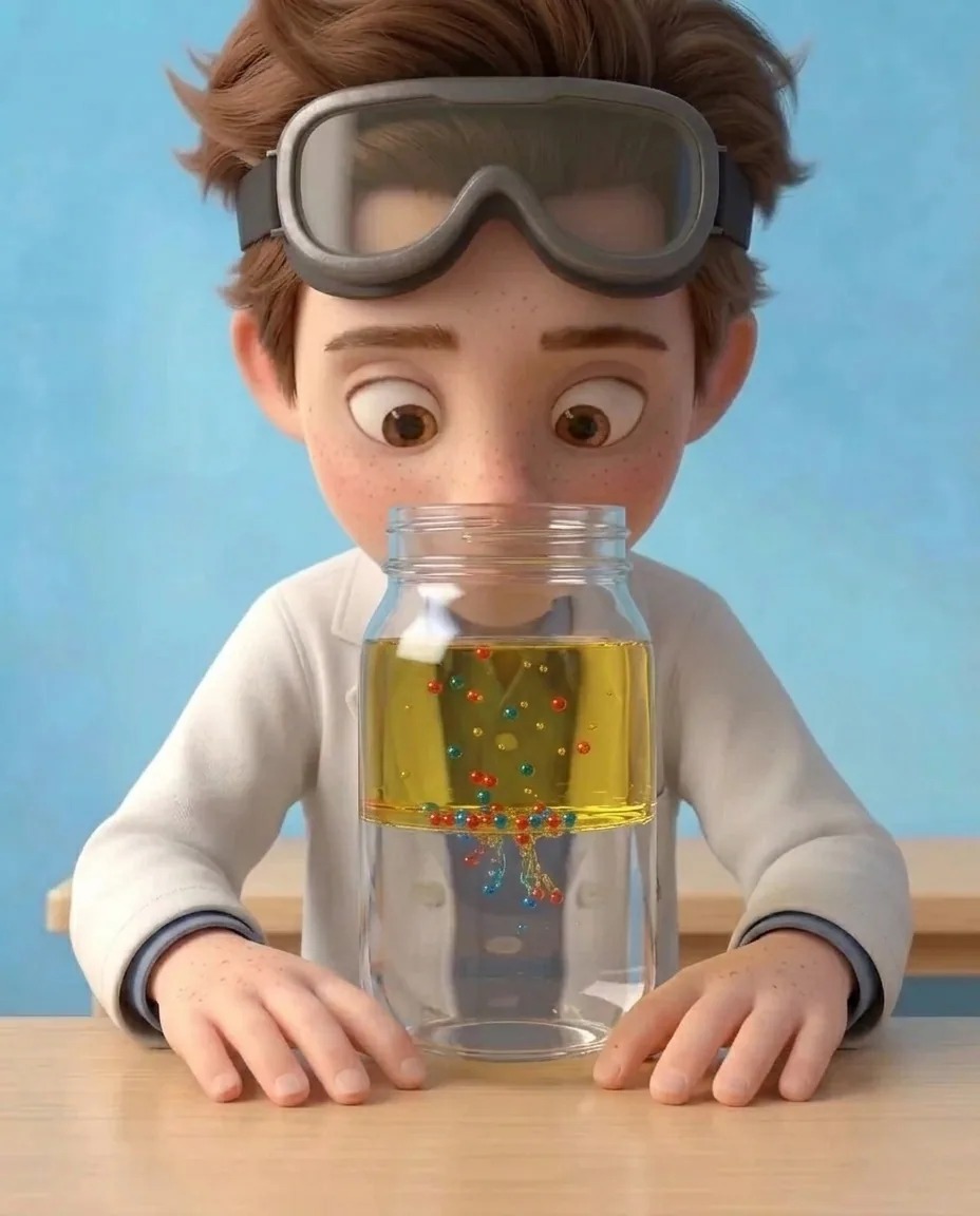 Professor O watches the clear glass jar where the thick layer of yellow oil floats on top of the water.