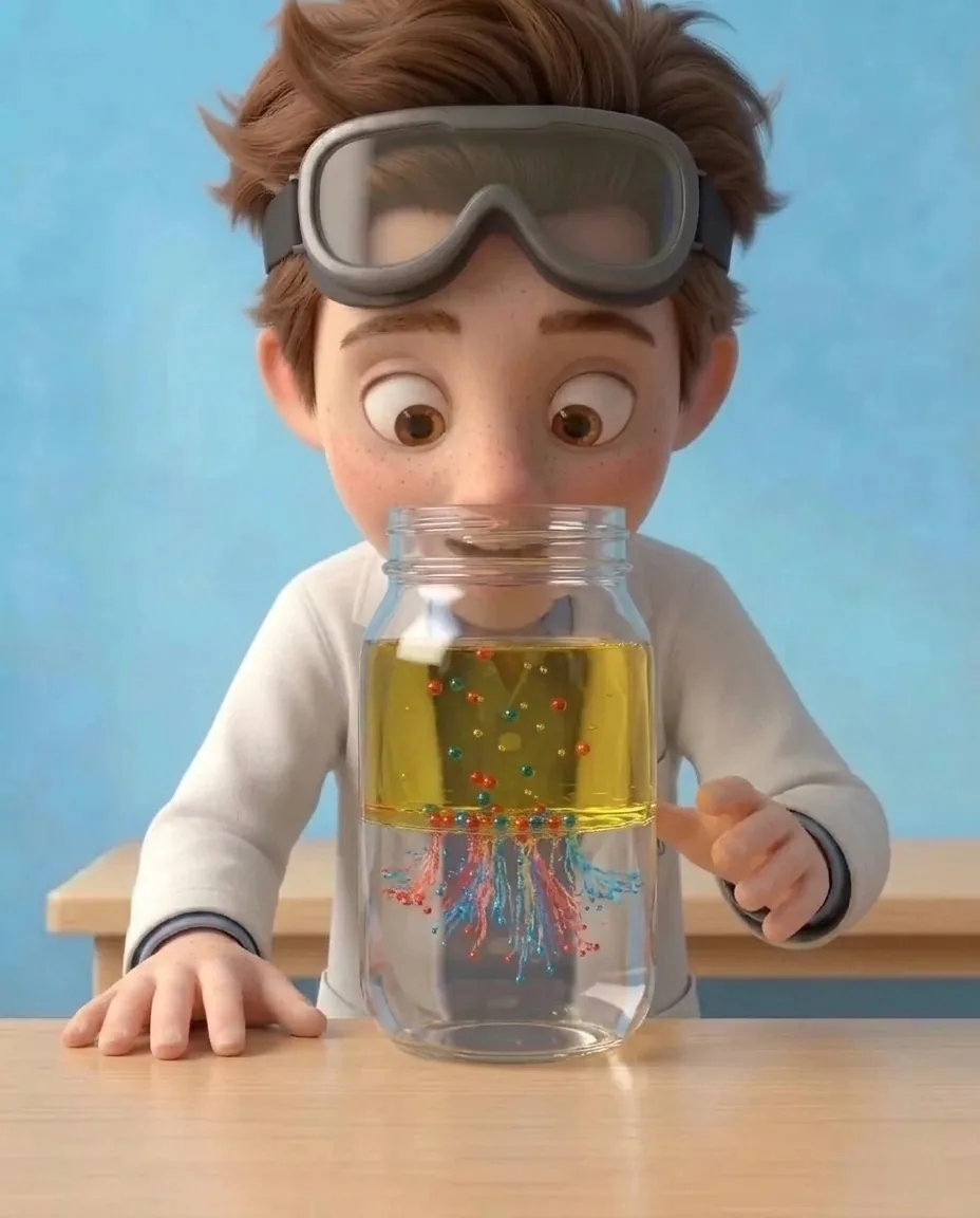 Professor O crouches down to eye level with the clear glass jar to watch the reaction.