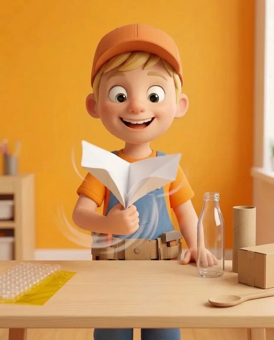 Captain A grips the bottom two corners of the folded triangular paper popper between thumb and forefinger.