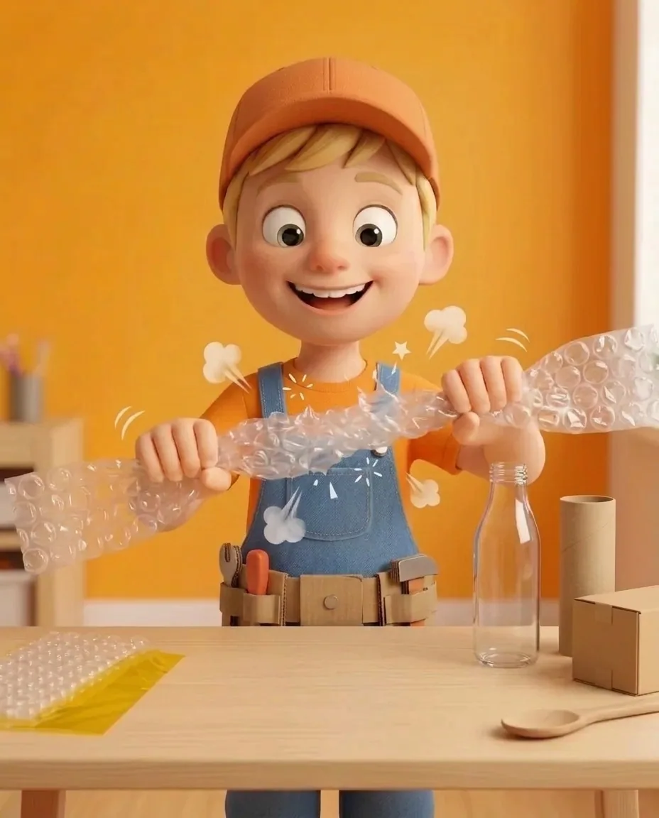 Captain A holds the strip of clear bubble wrap horizontally with both hands.