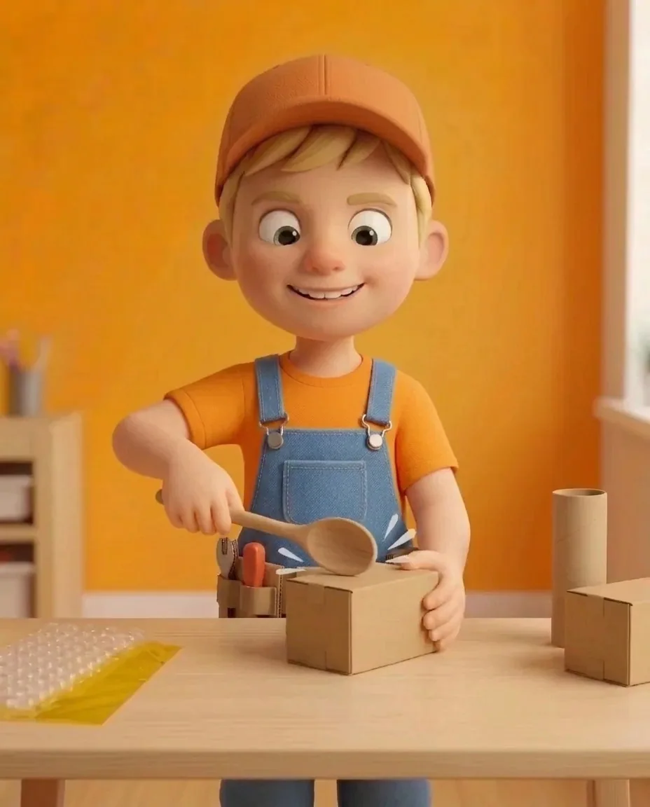 Captain A holds the handle of the wooden spoon above the small closed cardboard box.