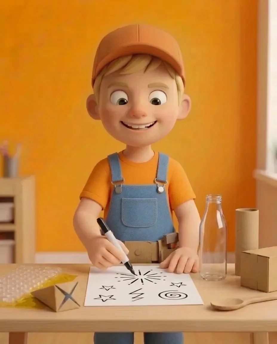 Captain A uses a marker to draw simple symbols like stars, zigzags, and burst lines onto a clean sheet of paper to create a sound score.