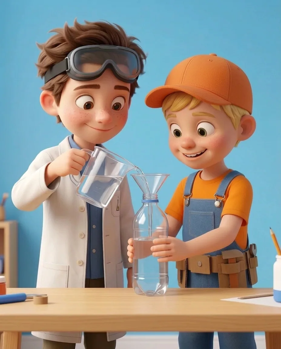 Professor O holds a jug of warm water while Captain A keeps the clear plastic bottle upright with the funnel still resting in its neck.