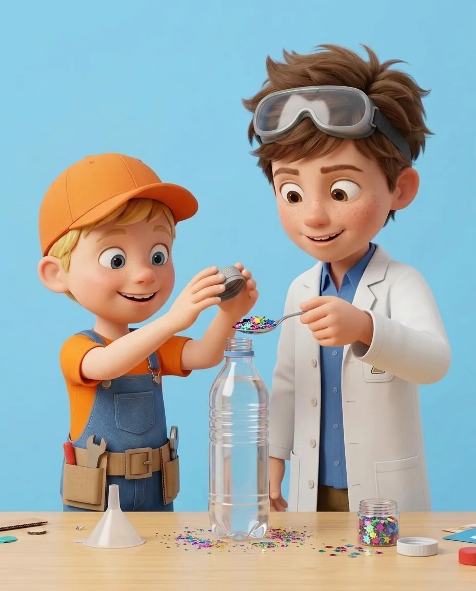 Captain A unscrews and lifts the plastic lid off the top of the upright bottle.