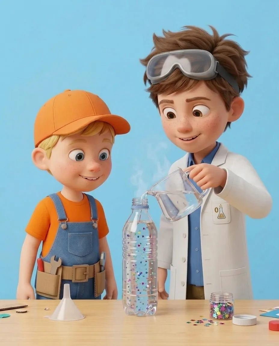 Professor O slowly pours a small amount of warm water into the top opening of the upright bottle.