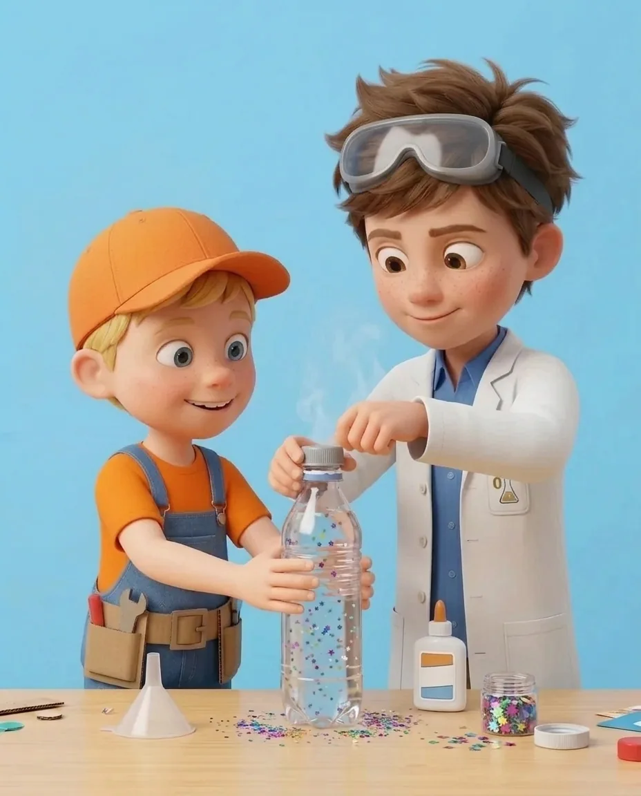 Captain A holds the upright bottle steady while Professor O applies glue around the inner rim of the plastic lid.