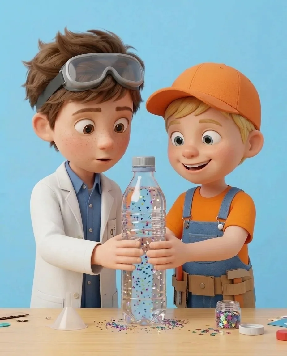 Professor O and Captain A hold the sealed bottle together, give it a hard shake to swirl the contents, and then hold it completely still.
