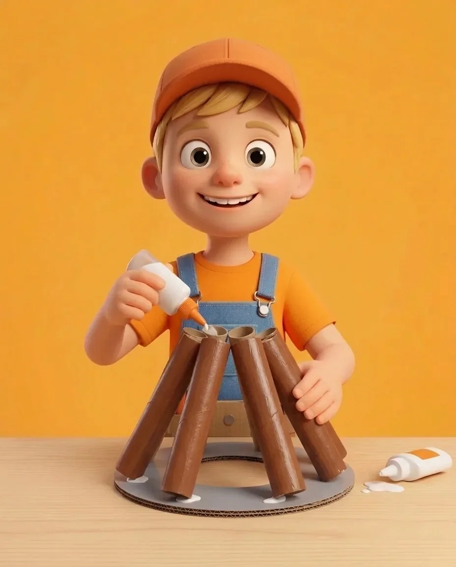 Captain A applies glue to the ends of the eight brown cardboard logs and places them on the grey circular base in a ring.