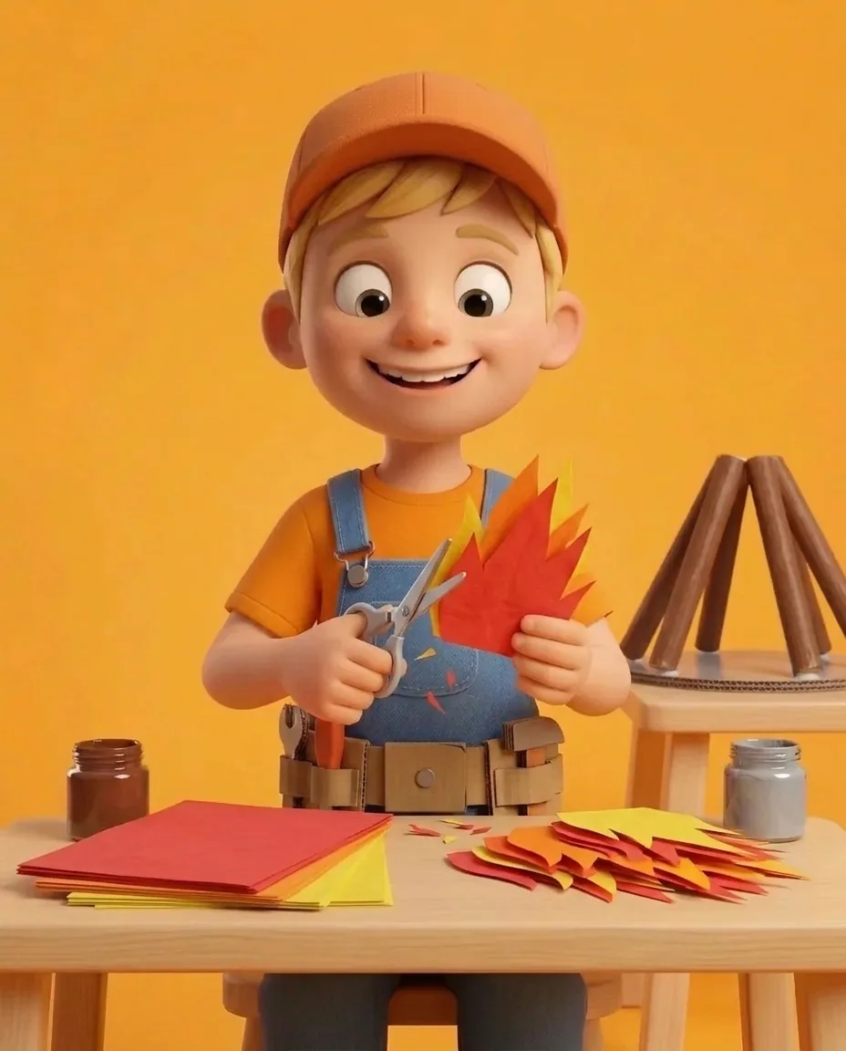 Captain A uses scissors to cut jagged, pointed flame shapes out of red, orange, and yellow tissue paper.