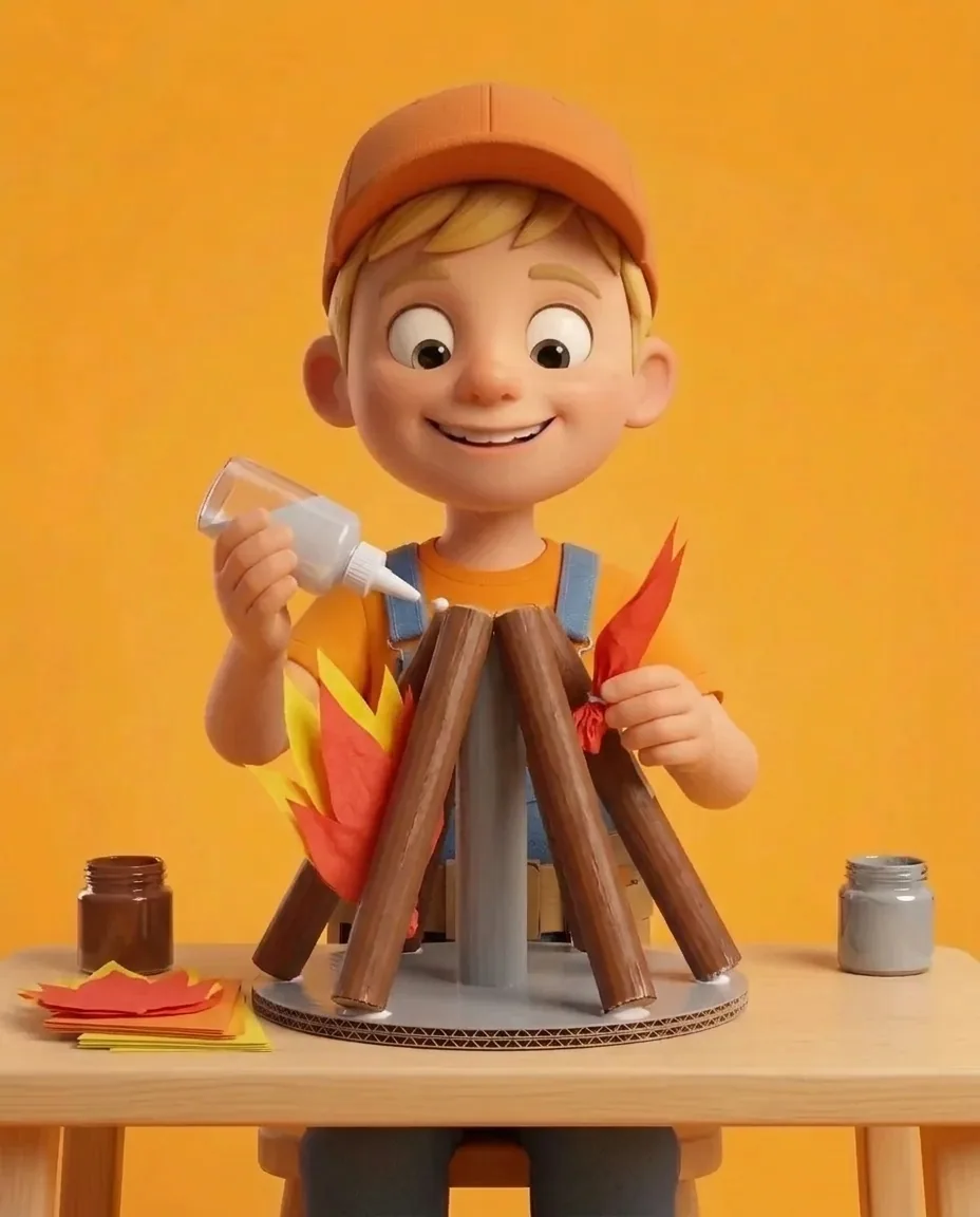 Captain A scrunches the bottom tip of a red tissue-paper flame, applies a dot of glue to the scrunched end, and tucks it between two leaning brown…