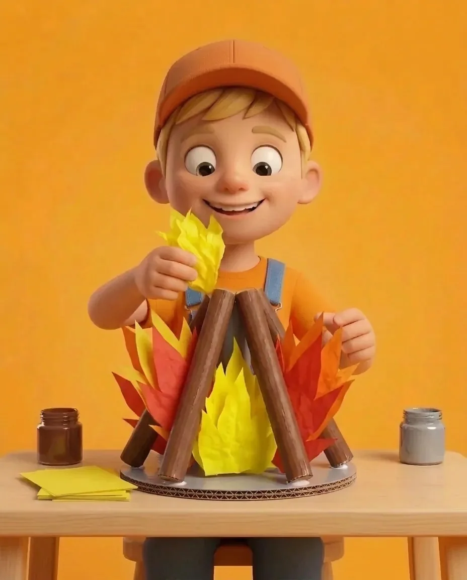 Captain A layers additional yellow tissue-paper flames into the inner center of the arrangement, inside the outer red and orange flames.