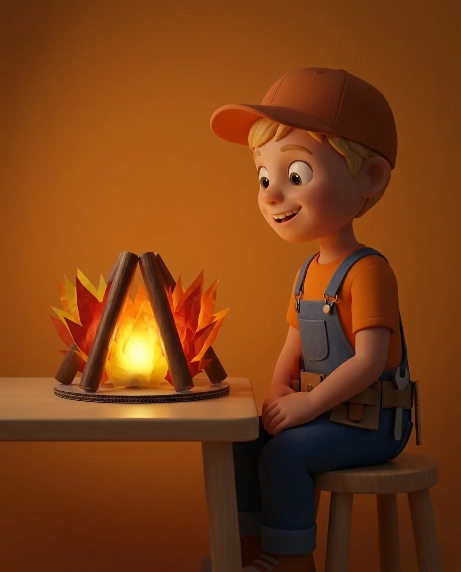 Captain A sits back at a safe distance from the completed bonfire craft, watching the battery tea light illuminate the red, orange, and yellow tissue…