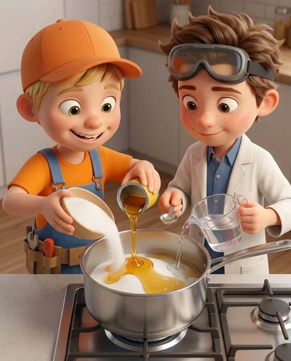 Captain A pours white granulated sugar and thick golden syrup into a deep stainless steel saucepan.