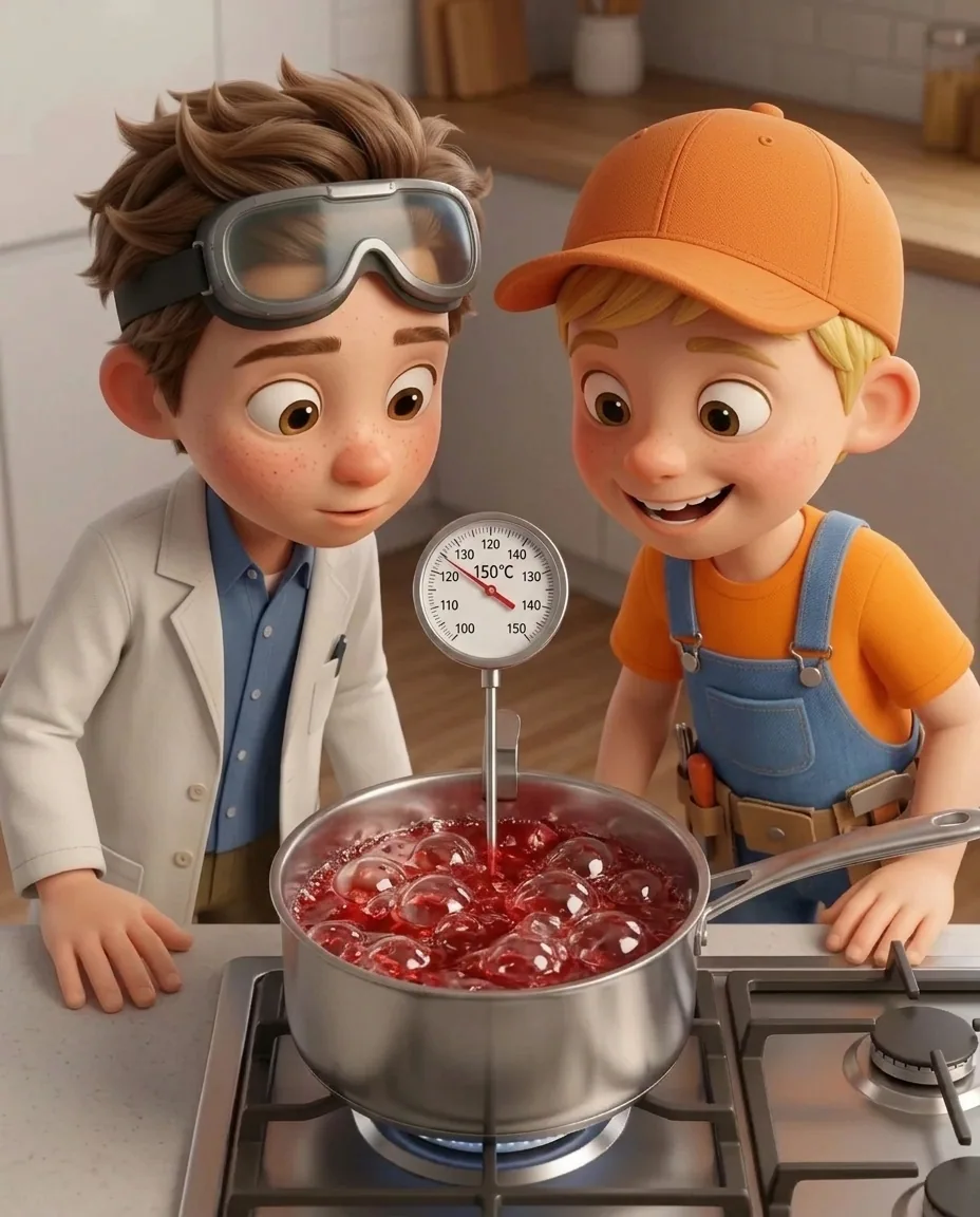 Captain A and Professor O peer closely at a sugar thermometer clipped inside the saucepan.