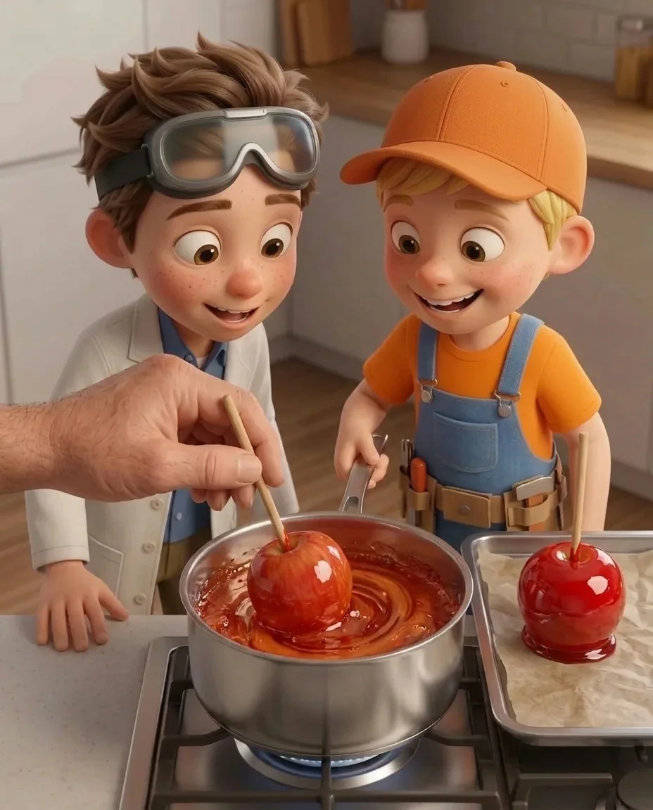An adult hand holds a red apple by its wooden stick, plunging and swirling it in the hot red toffee inside the pan.