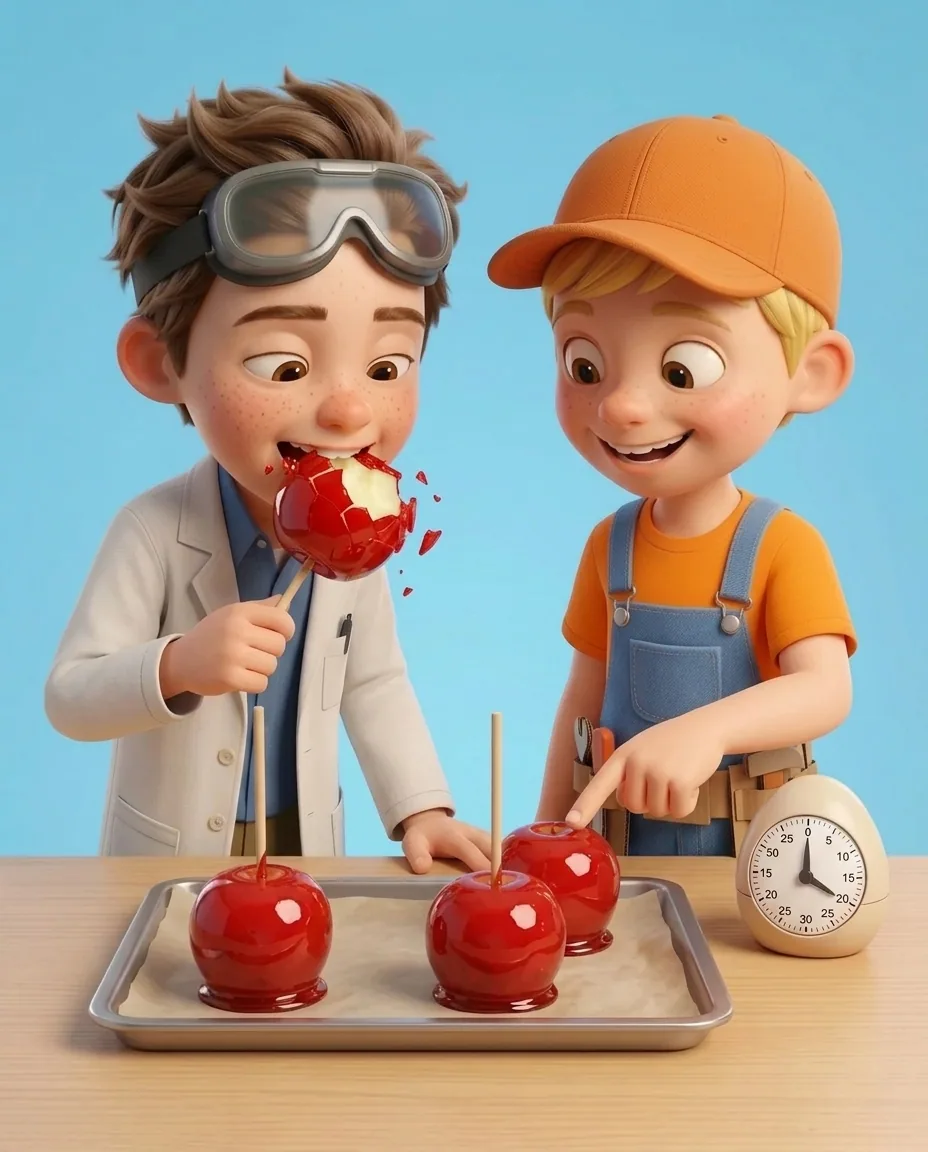 Captain A taps the hard, glossy red candy coating of a toffee apple with a fingernail to test its solid shell.