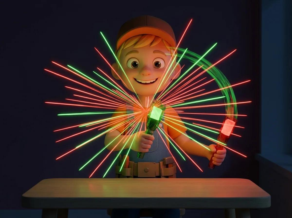 Captain A proudly holds up the completed light-painting torch, holding it by its barrel to showcase the finished craft.