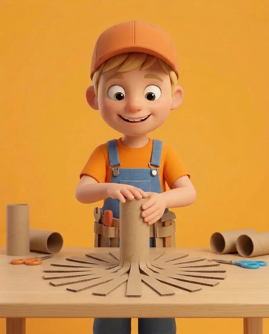 Captain A places the fringed end of the cardboard tube onto the surface and presses down firmly.