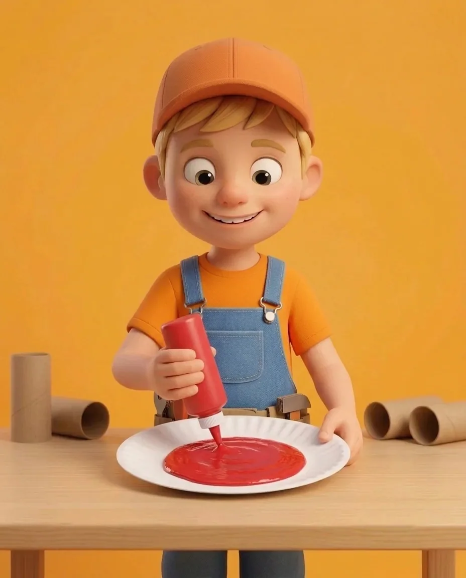 Captain A squeezes a puddle of red paint onto the center of a white paper plate.