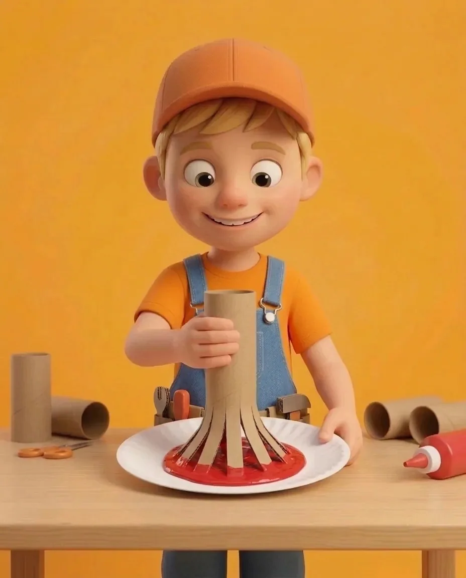 Captain A holds the cardboard tube by its plain top end and lowers the splayed petal end into the red paint puddle on the paper plate.