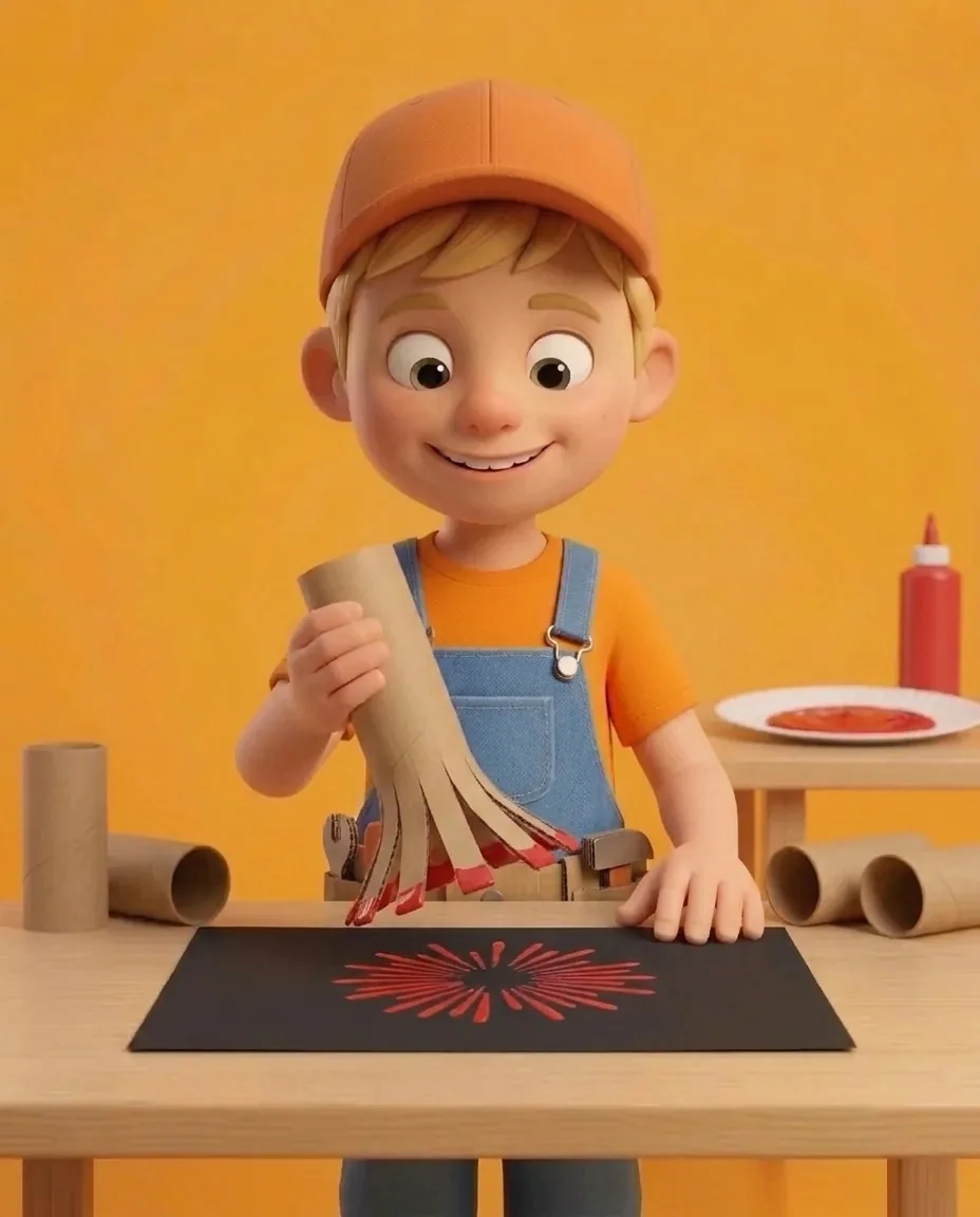 Captain A presses the paint-coated splayed tube straight down onto a sheet of black construction paper.