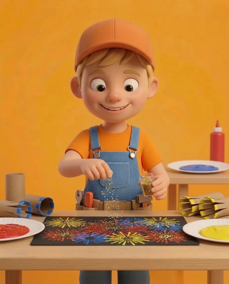 Captain A holds a tiny container of fine gold glitter above the black paper with its wet paint prints.